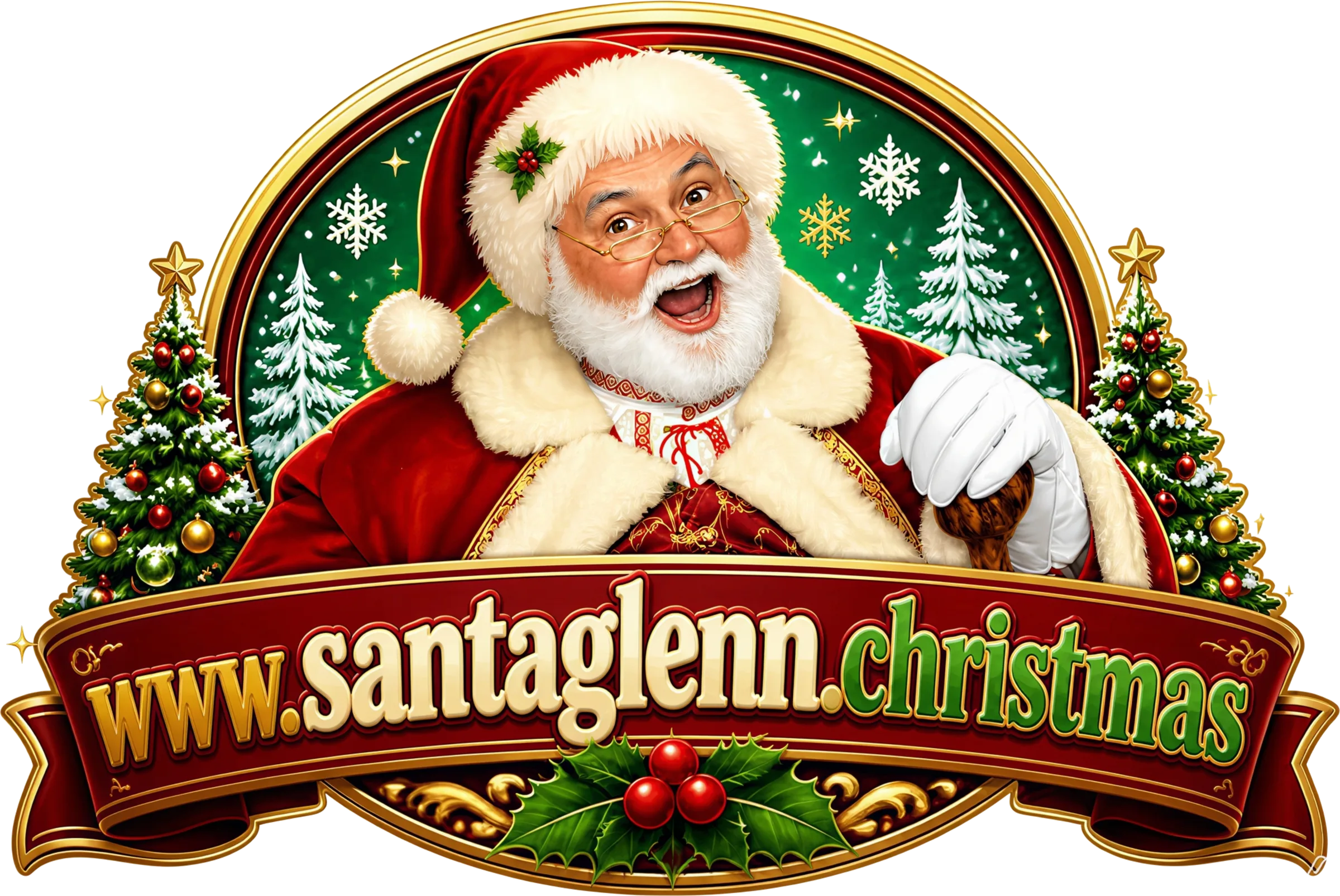 Santa Glenn waving from a festive wreath banner reading www.santaglenn.christmas