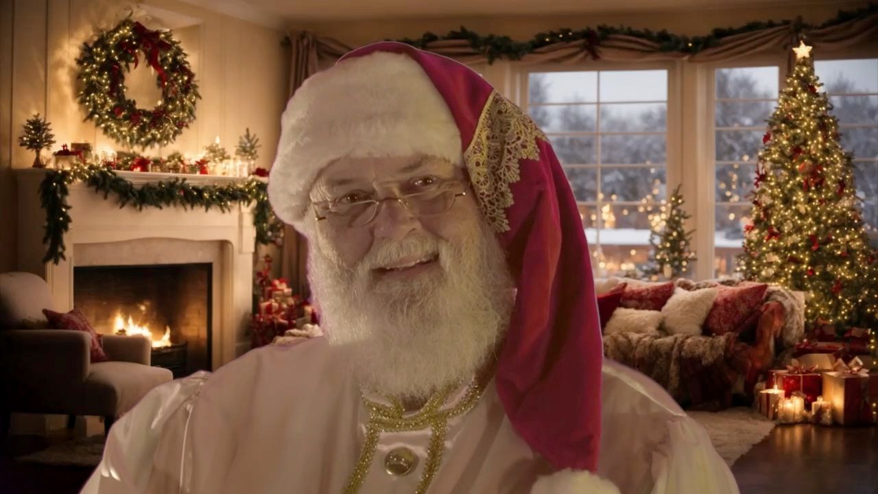 Santa Glenn in a cream robe in front of a cozy living room with a fireplace